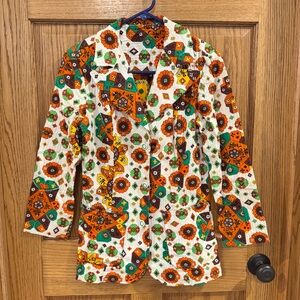 Vintage Floral Patterned Cream Blazer with Orange and Green Accents